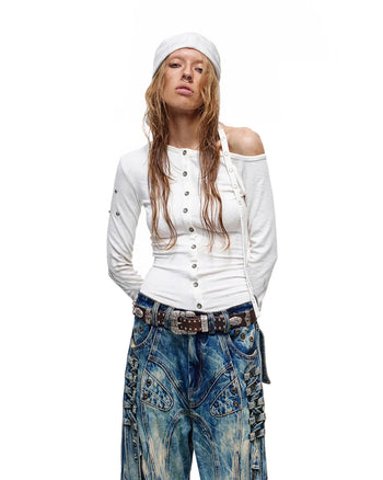 Personsoul Spine-Print Asymmetric Long Sleeve Top White