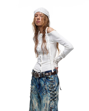 Personsoul Spine-Print Asymmetric Long Sleeve Top White