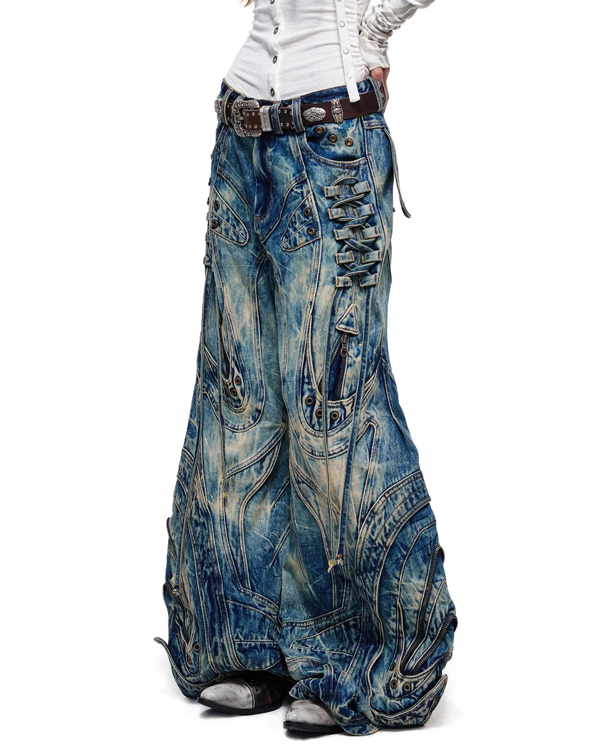 Deconstructed Flared Patchwork Denim Jeans Blue