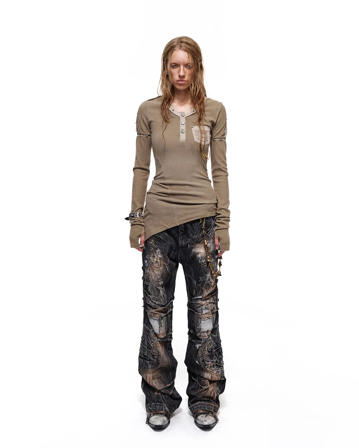 Personsoul Asymmetric-Hem Long Sleeve with Detachable Sleeves Brown