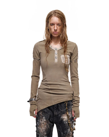 Personsoul Asymmetric-Hem Long Sleeve with Detachable Sleeves Brown