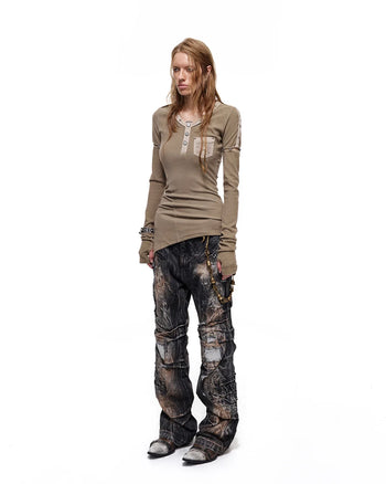 Personsoul Asymmetric-Hem Long Sleeve with Detachable Sleeves Brown