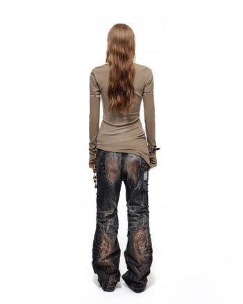 Personsoul Asymmetric-Hem Long Sleeve with Detachable Sleeves Brown