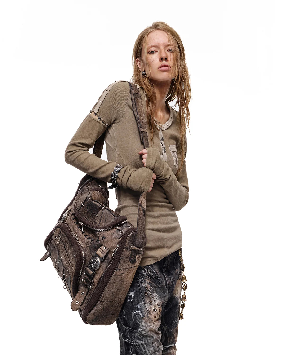 Personsoul Asymmetric-Hem Long Sleeve with Detachable Sleeves Brown