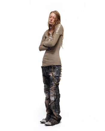 Personsoul Asymmetric-Hem Long Sleeve with Detachable Sleeves Brown