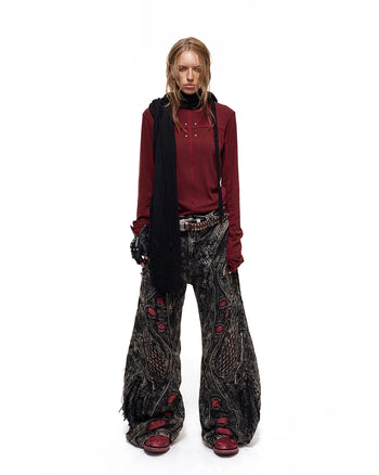 Personsoul Rhinestone Panel-Line Turtleneck Red