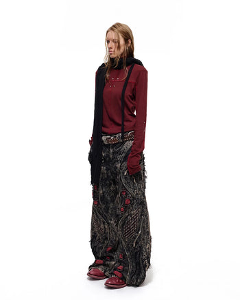 Personsoul Rhinestone Panel-Line Turtleneck Red