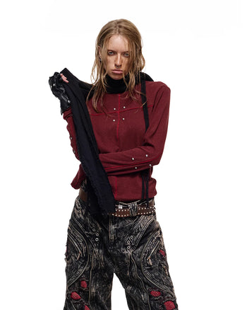 Personsoul Rhinestone Panel-Line Turtleneck Red
