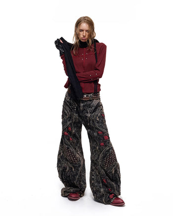 Personsoul Rhinestone Panel-Line Turtleneck Red