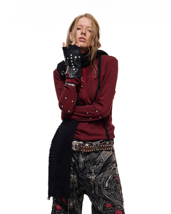 Personsoul Rhinestone Panel-Line Turtleneck Red