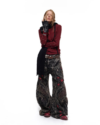 Personsoul Rhinestone Panel-Line Turtleneck Red