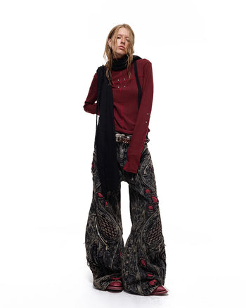 Personsoul Rhinestone Panel-Line Turtleneck Red