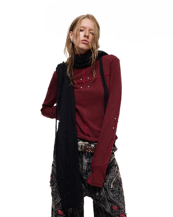 Personsoul Rhinestone Panel-Line Turtleneck Red