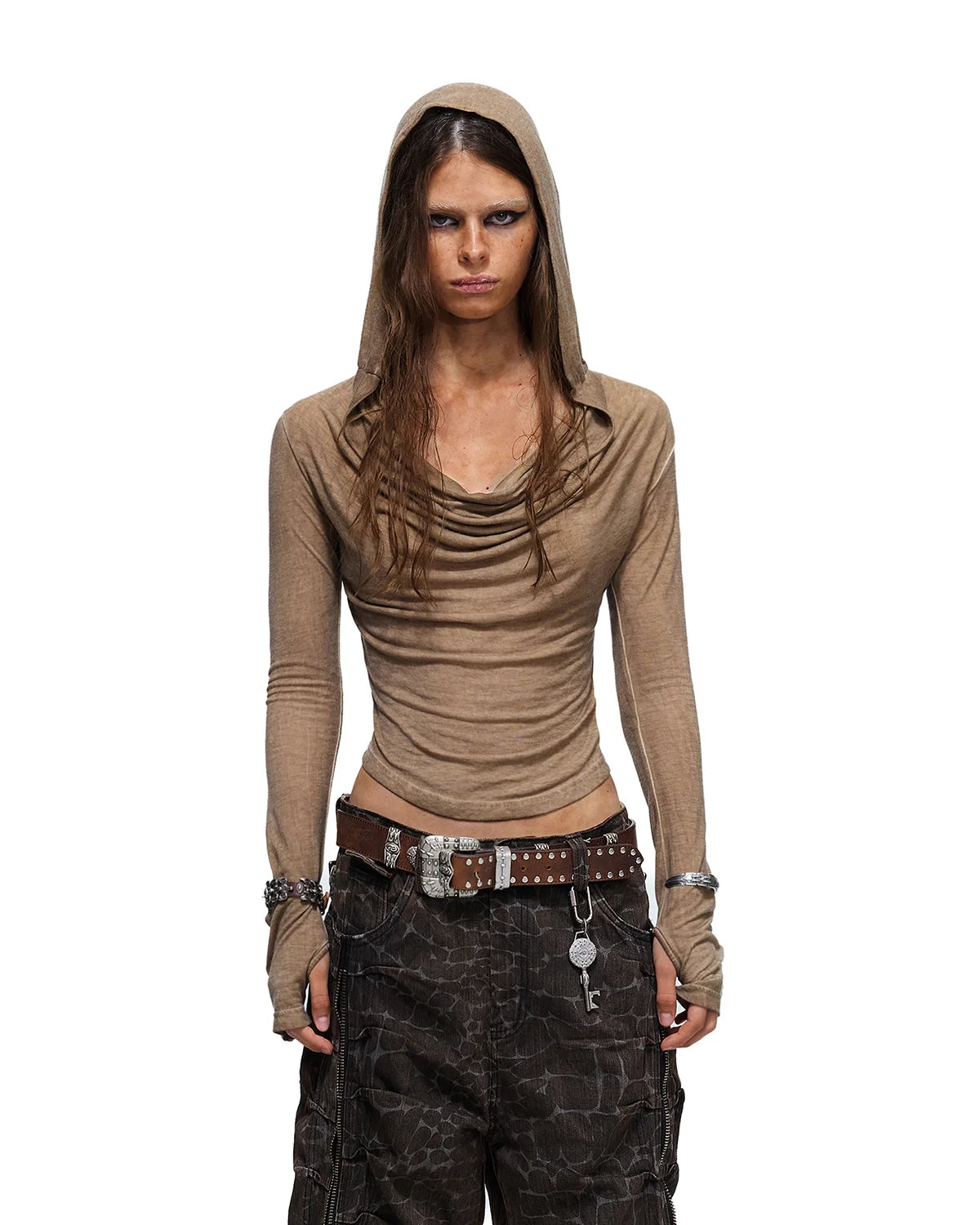 Personsoul Geometric Armor Hooded T-Shirt Brown