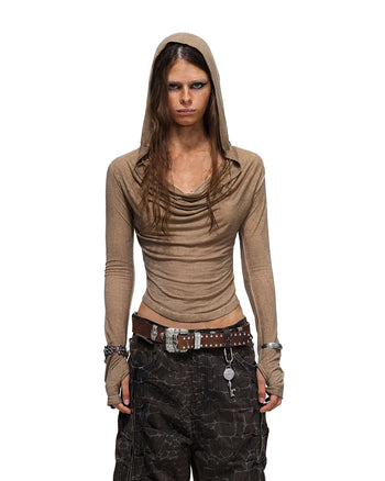 Personsoul Geometric Armor Hooded T-Shirt Brown
