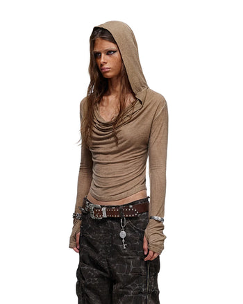 Personsoul Geometric Armor Hooded T-Shirt Brown