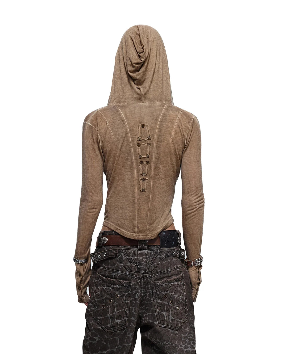 Personsoul Geometric Armor Hooded T-Shirt Brown