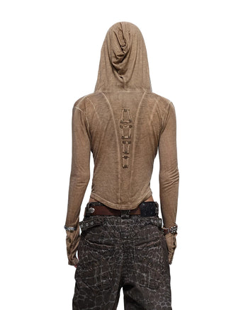 Personsoul Geometric Armor Hooded T-Shirt Brown