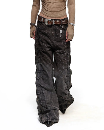 Personsoul Slub Denim Crocodile-Etched Curved Jeans