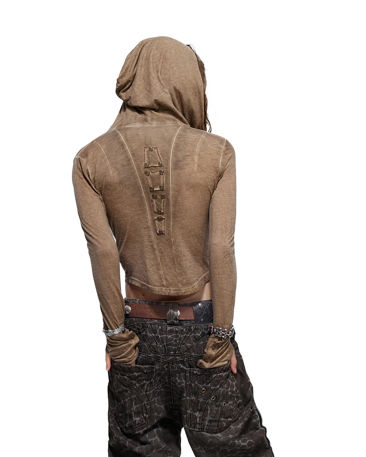 Personsoul Geometric Armor Hooded T-Shirt Brown