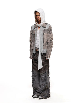 Personsoul Slub Denim Crocodile-Etched Curved Jeans