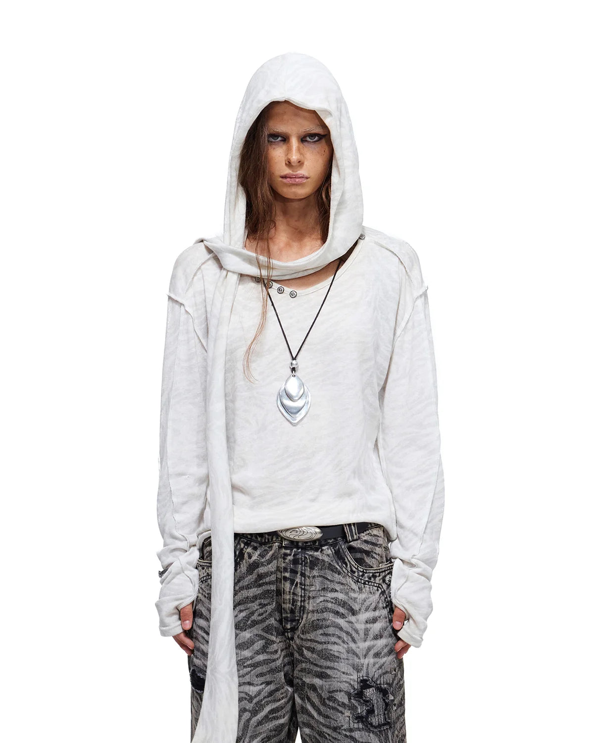 Personsoul Zebra Print Detachable Hood T-Shirt White