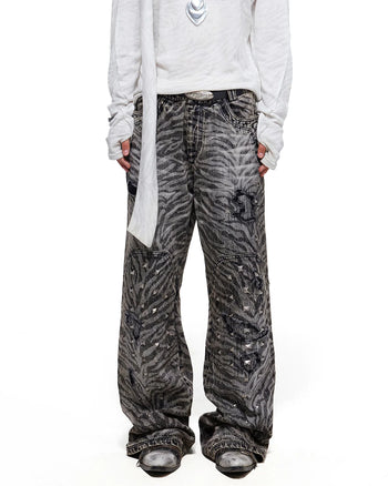Personsoul Zebra-Print Studded Straight-Leg Jeans