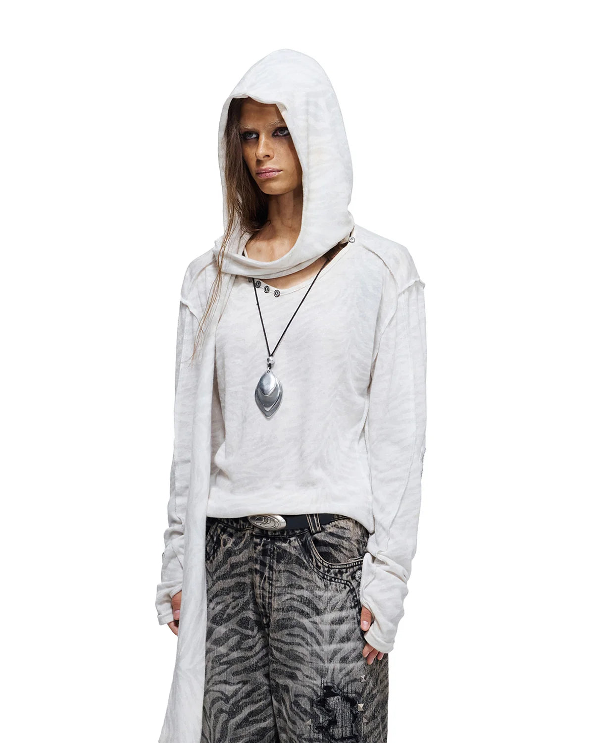 Personsoul Zebra Print Detachable Hood T-Shirt White