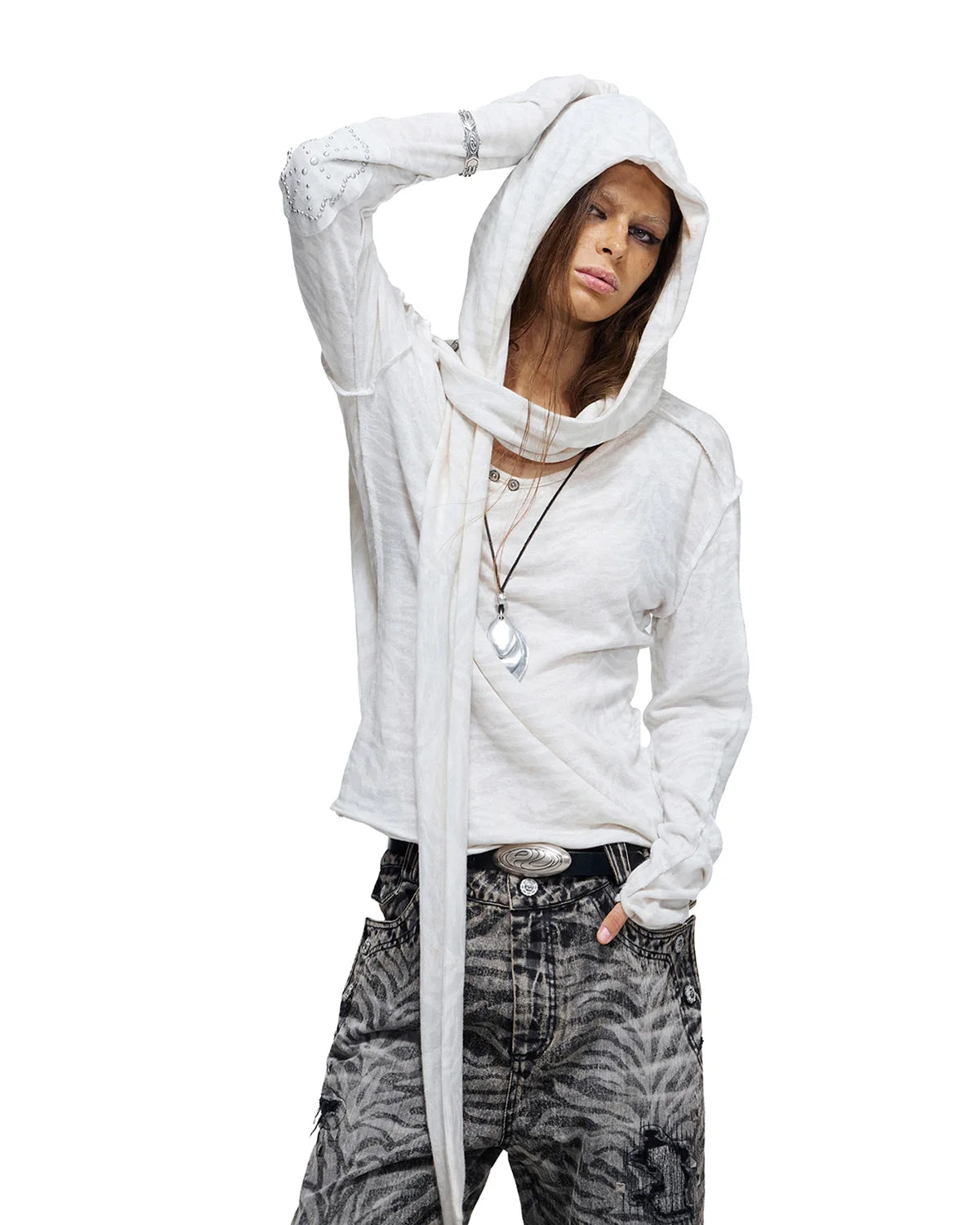 Personsoul Zebra Print Detachable Hood T-Shirt White