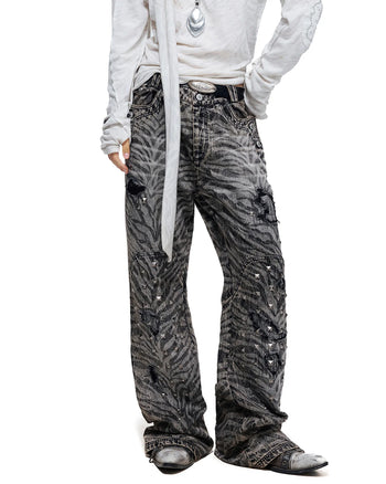 Personsoul Zebra-Print Studded Straight-Leg Jeans