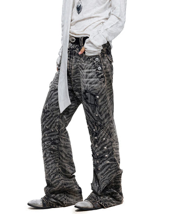 Personsoul Zebra-Print Studded Straight-Leg Jeans