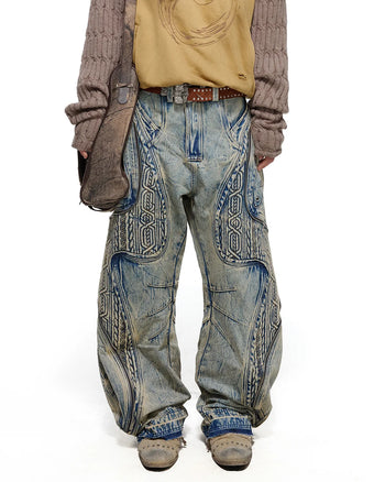 Personsoul Embroidered Vintage Curved-leg Denim Pants