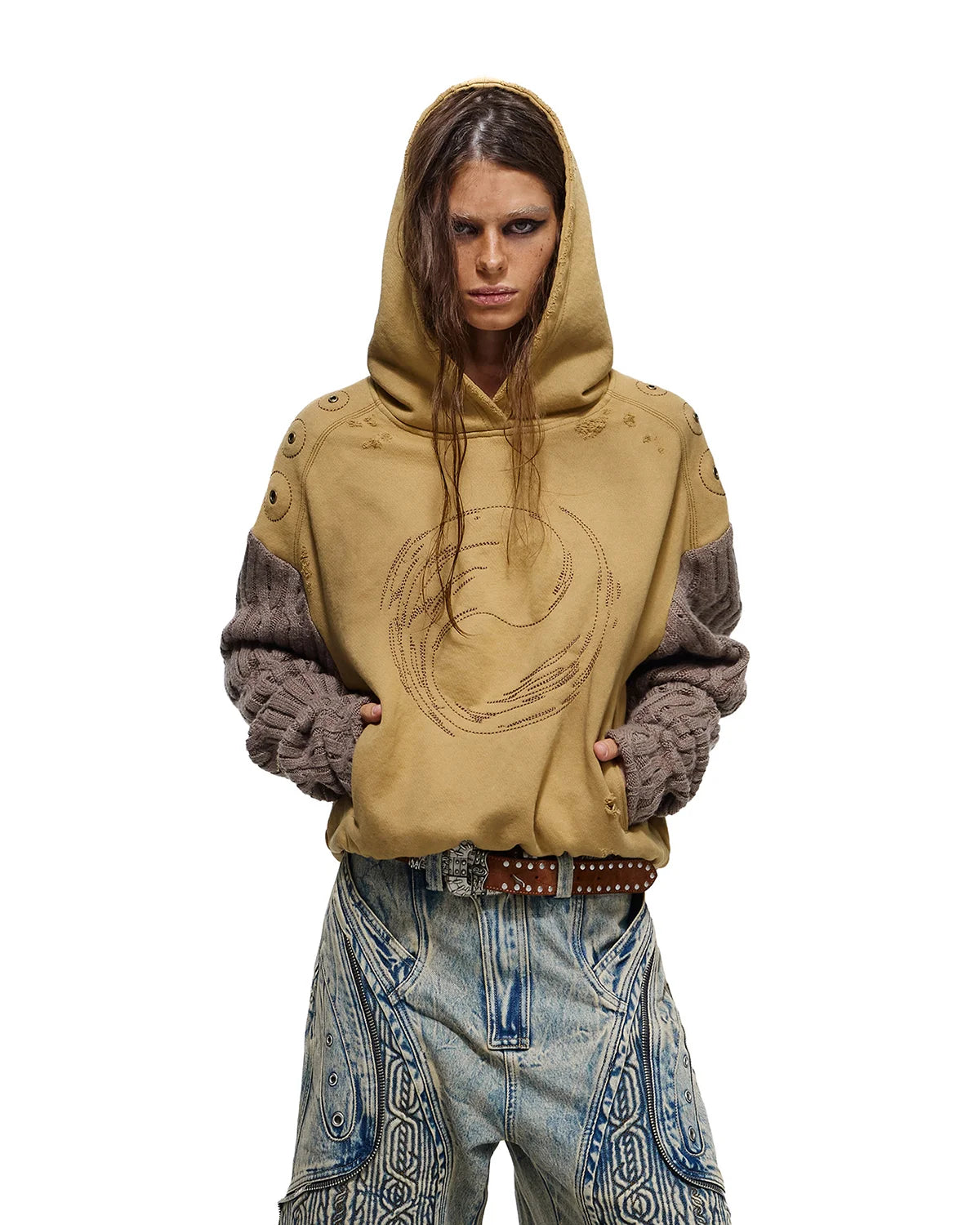 Personsoul Weathered Spiral Panel Hoodie Yellow