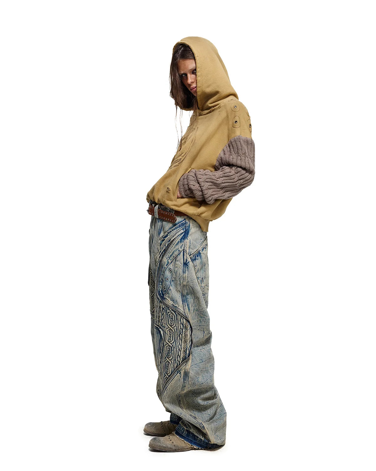 Personsoul Weathered Spiral Panel Hoodie Yellow