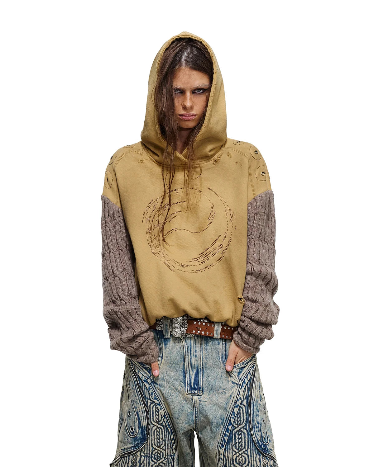 Personsoul Weathered Spiral Panel Hoodie Yellow