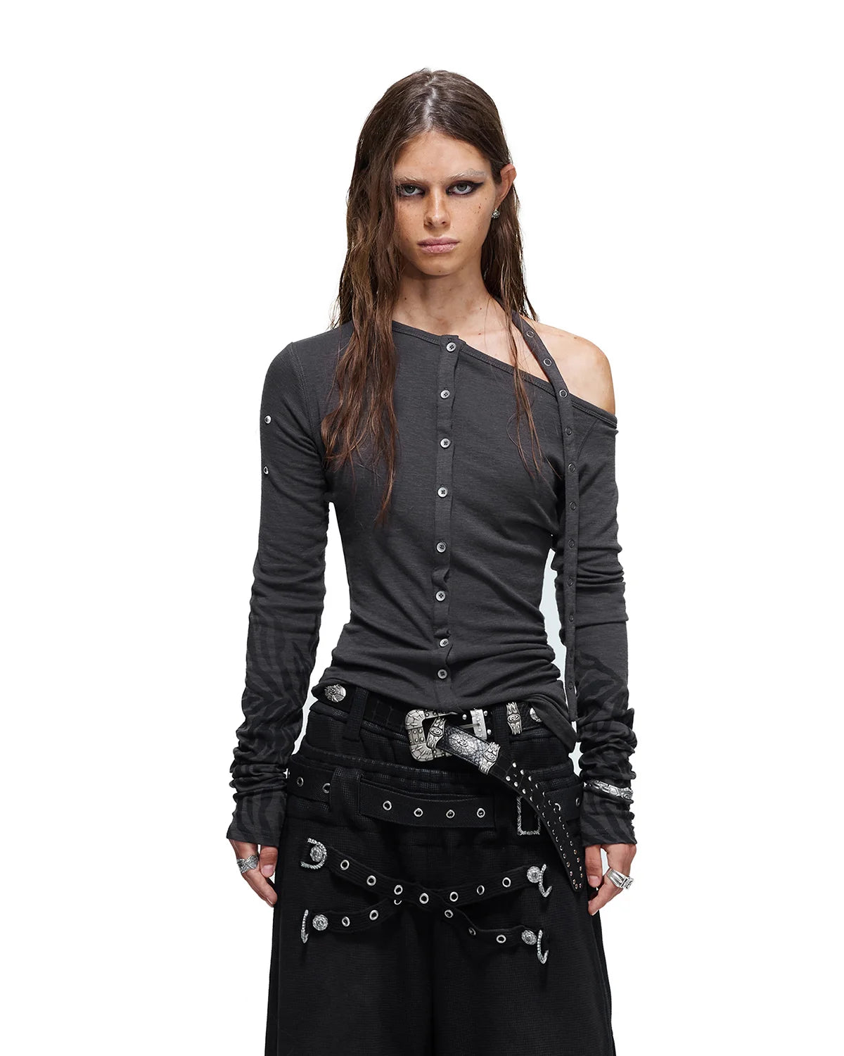 Personsoul Spine-Print Asymmetric Long Sleeve Top Gray