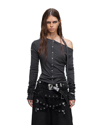 Personsoul Spine-Print Asymmetric Long Sleeve Top Gray