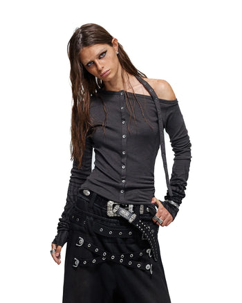 Personsoul Spine-Print Asymmetric Long Sleeve Top Gray
