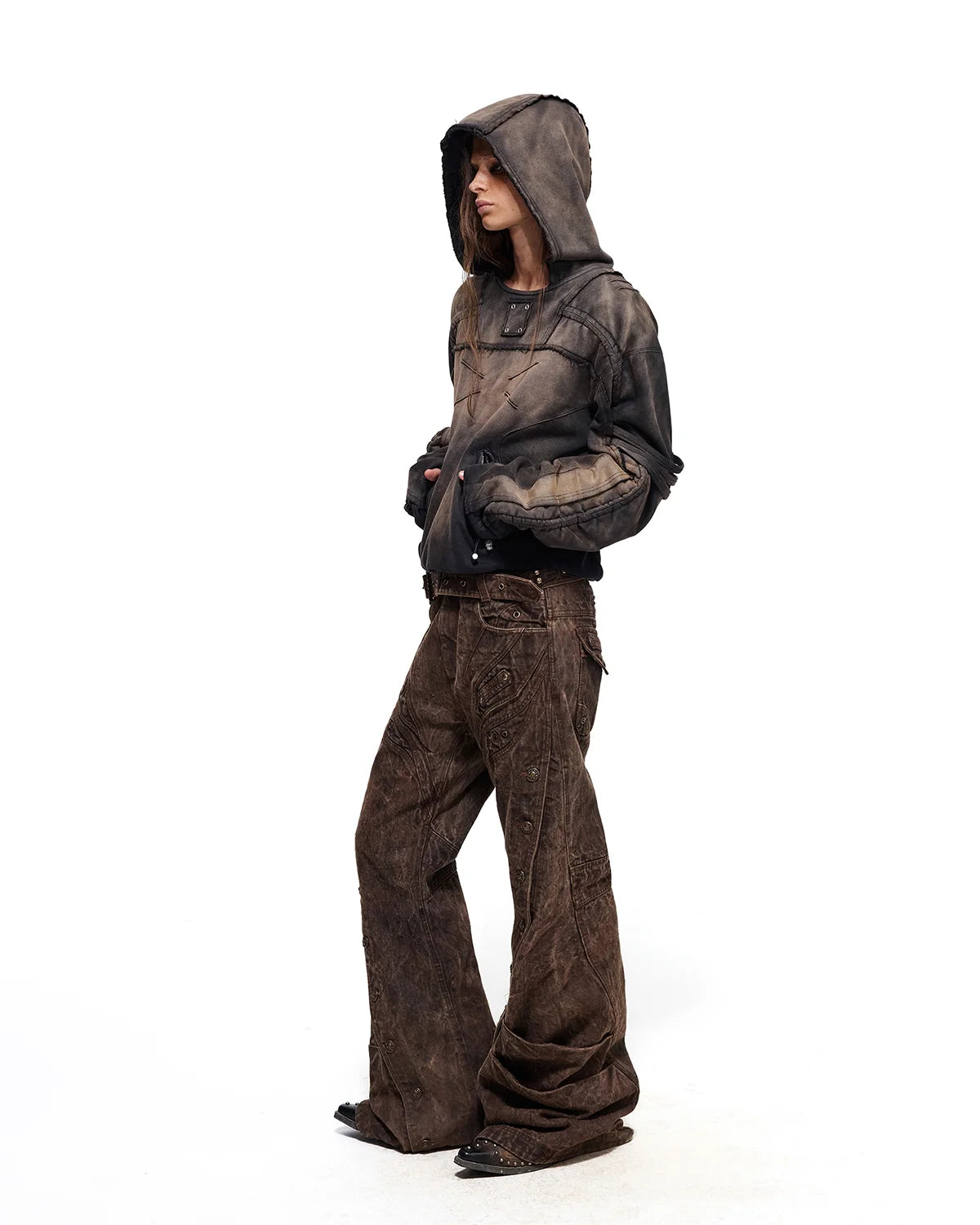 Personsoul Ruched Cropped Washed Hoodie