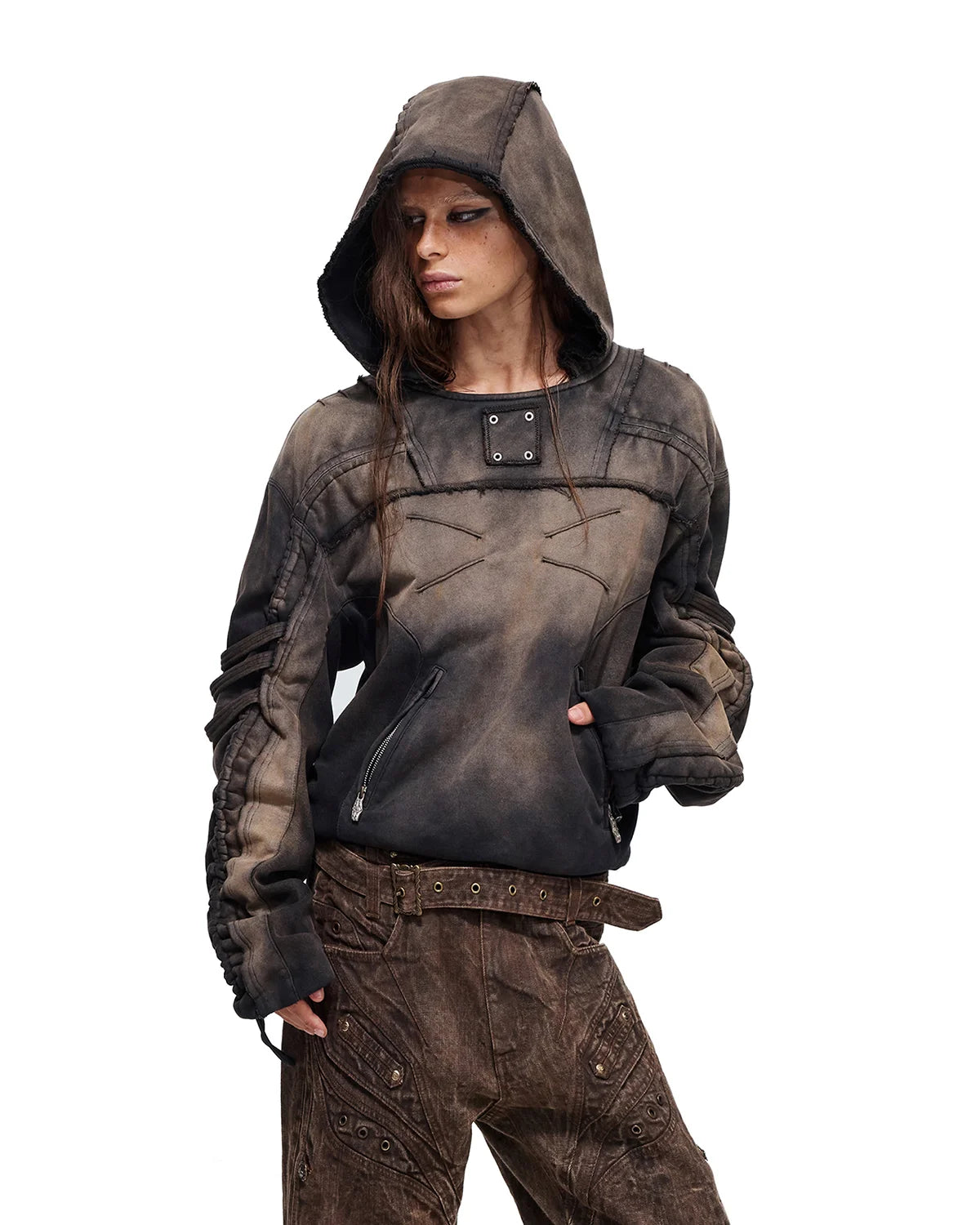 Personsoul Ruched Cropped Washed Hoodie