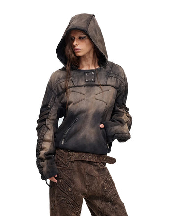 Personsoul Ruched Cropped Washed Hoodie