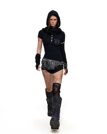 Personsoul Asymmetric-Hem Long Sleeve with Detachable Sleeves Black