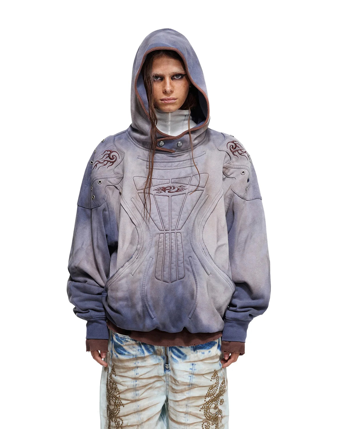 Personsoul Shield-Shoulder Hooded Sweatshirt Blue