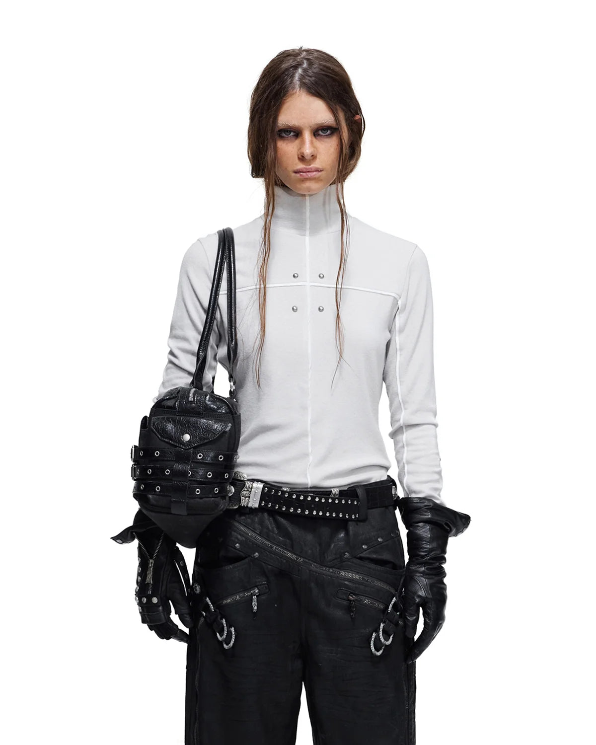 Personsoul Rhinestone Panel-Line Turtleneck Gray