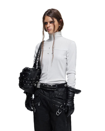 Personsoul Rhinestone Panel-Line Turtleneck Gray