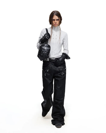 Personsoul Rhinestone Panel-Line Turtleneck Gray