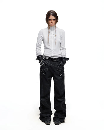 Personsoul Rhinestone Panel-Line Turtleneck Gray
