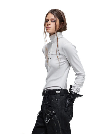 Personsoul Rhinestone Panel-Line Turtleneck Gray