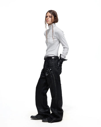 Personsoul Rhinestone Panel-Line Turtleneck Gray