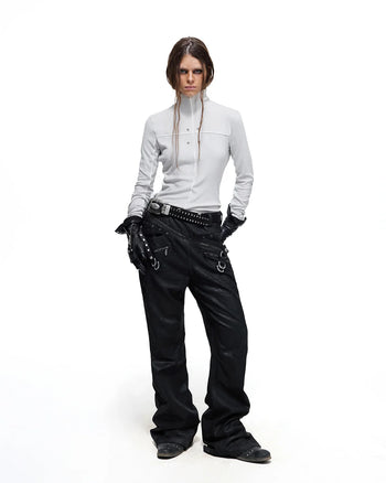 Personsoul Rhinestone Panel-Line Turtleneck Gray